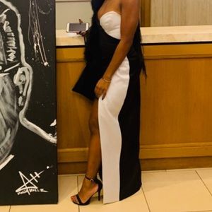 House of CB black and white dress with high slit